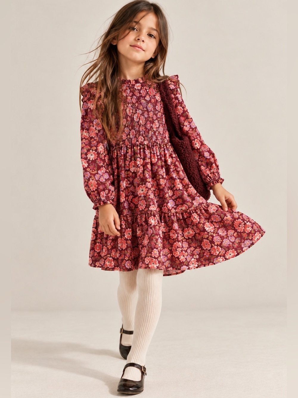 Girls Burgundy Floral Long-Sleeve Tiered Dress ~ Size 7